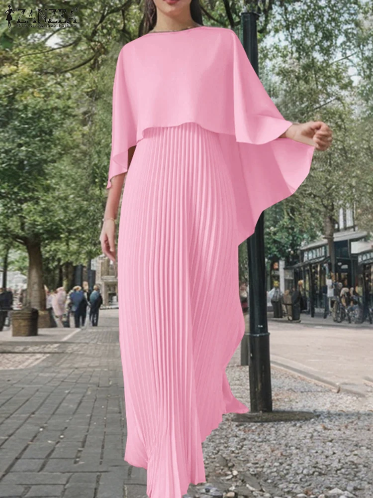 

ZANZEA Spring Elegant Dress Sets Women Stylish Poncho Blouse Pleated Sundress Suit Casual Loose Cloak Cape Tops 2pcs Outfits
