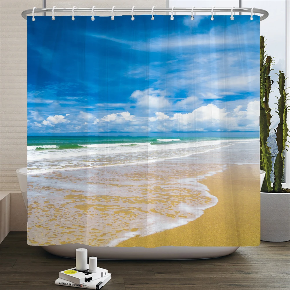 Tropical Beach Ocean Starfish Seascape Print Shower Curtain Waterproof Mildew Resistant Fabric with Hooks Easy Install for Bathr