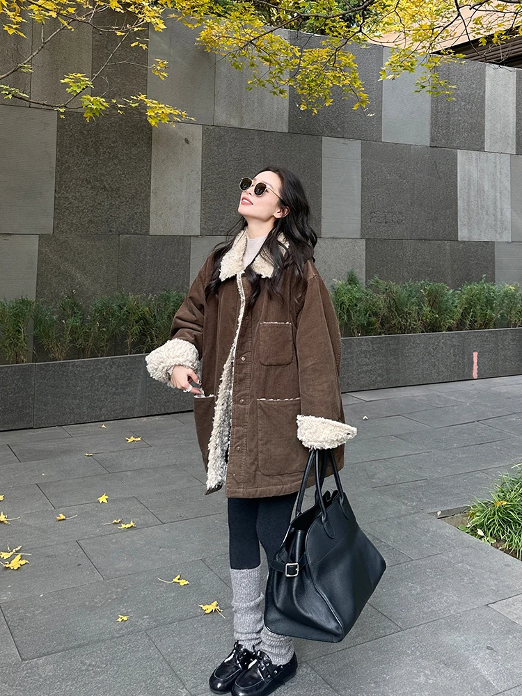 

Kingsu One Women's Thiened Corduroy Cotton Jaet Winter Warm Outerwear Loose Fit Lined Faionable Korean Sle Coat