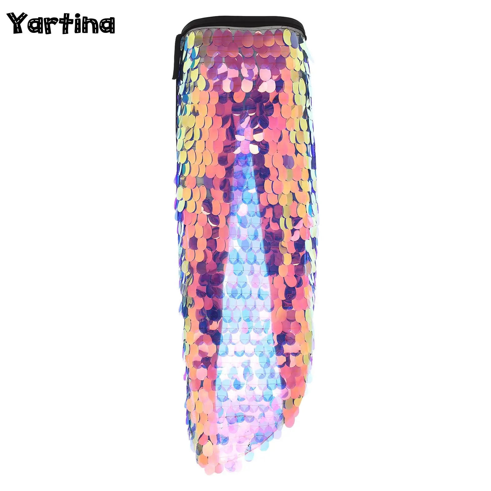 

Womens Sparkle Sequins Lace-Up Mermaid Cosplay Costume Long Wrap Hip Skirt Glitter Hip Scarf Halloween Belly Dance Outfits