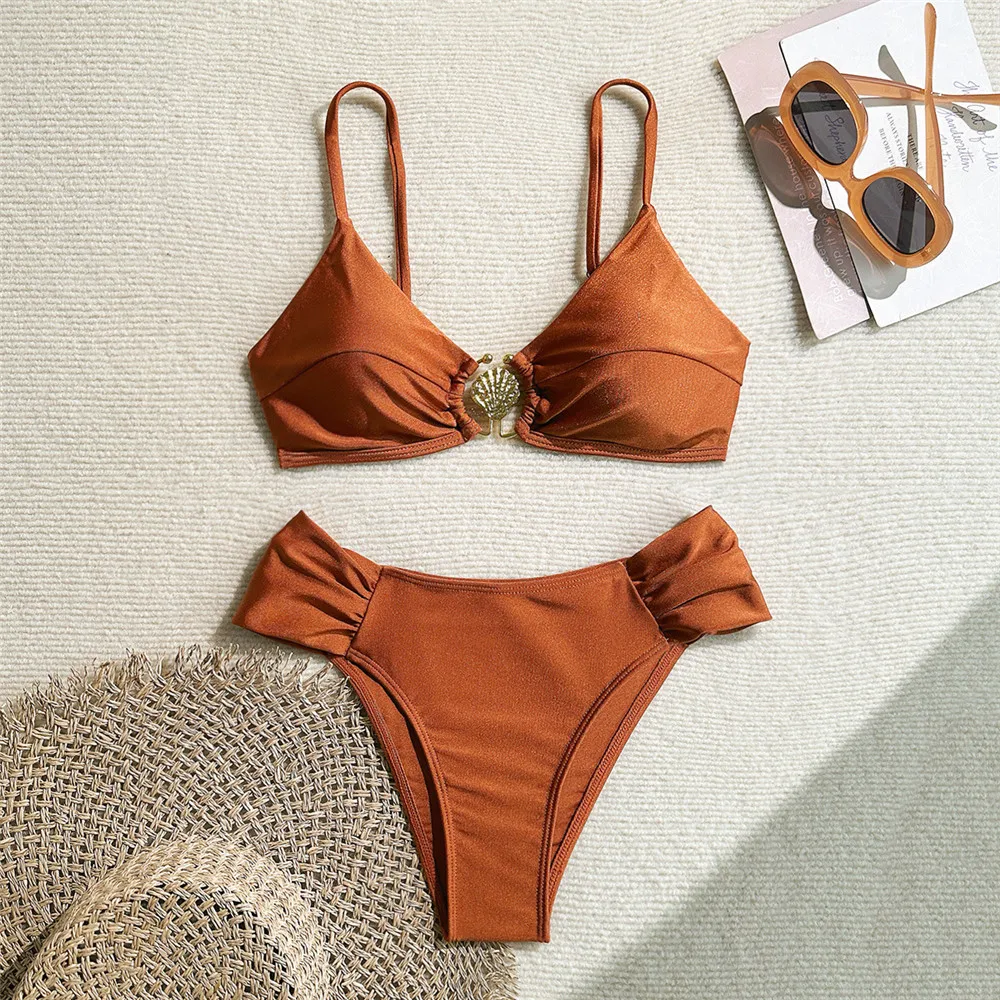 Metal Shell Ring Swimwear Sexy Wine Red Bikinis Sets Swimsuit Women 2026 Ruched Bathing Suit Swimming Wear Bikinis De Mujer