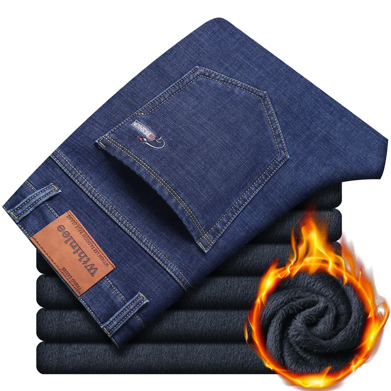 Men's Winter Fleece Warm Straight Business Fashion Jeans Stretch Thermal Warm Flannel Work Denim Trousers Male Brand Clothing