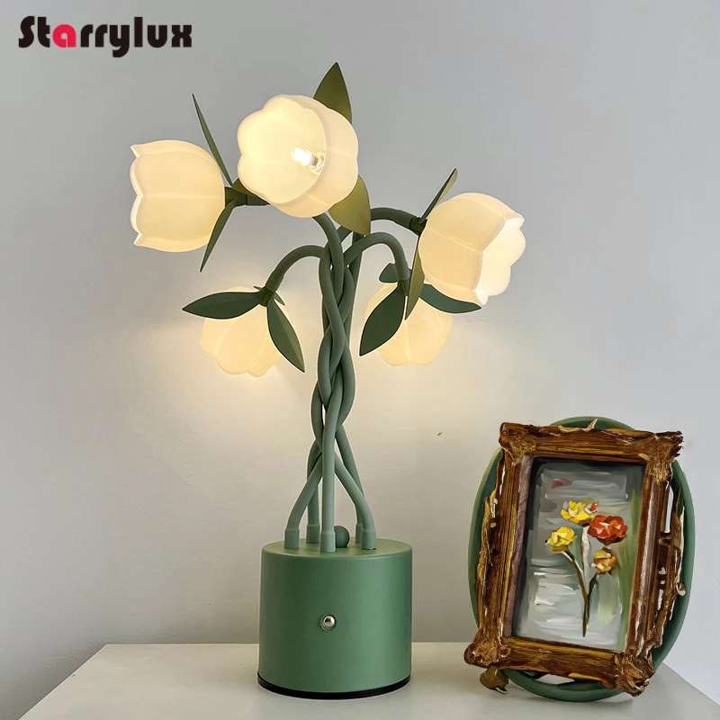 French Country Mini Lily of The Valley Table Lamp - 5 Head Bedside Nightstand Lamp, Acrylic Shade Warm Light for Home Decor