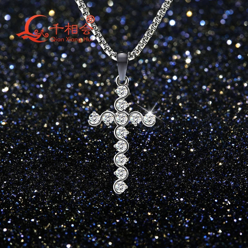 Silver Color Stainless Steel 3mm round Cross White D VVS Moissanite Pendant Necklace  Jewelry for Men Women Swimming Bathing