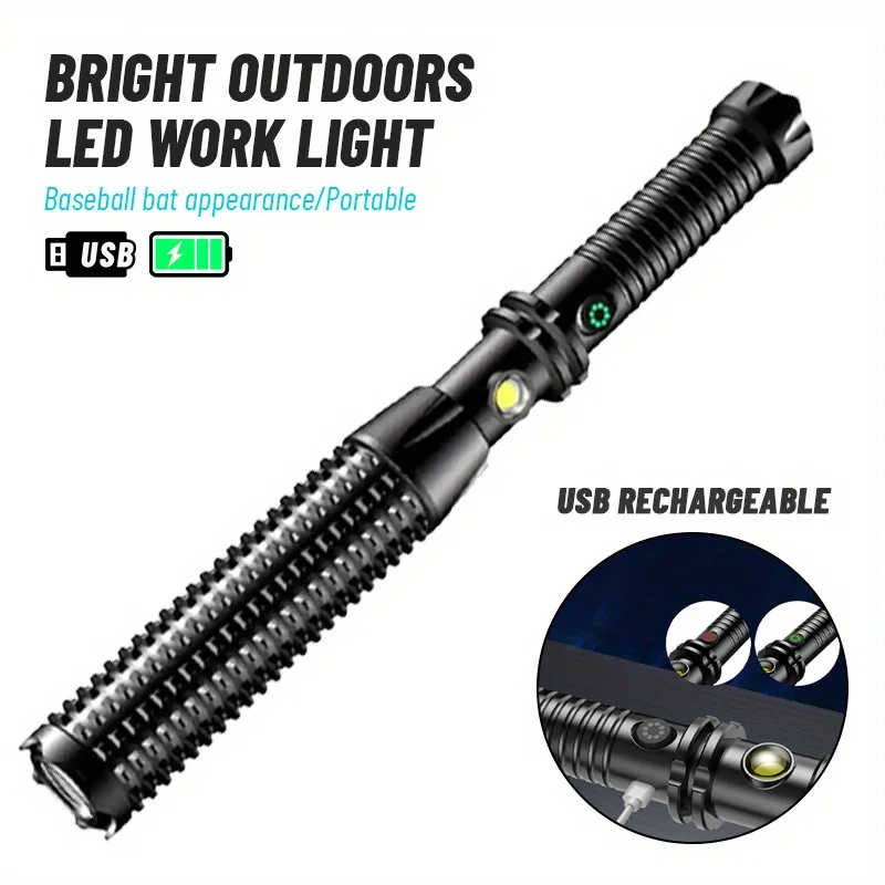 

USB Rechargeable LED Flashlight 4 Lighting Modes Handheld Torch for Camping Hiking Fishing Emergencies Baseball Bat Design