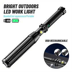 USB Rechargeable LED Flashlight 4 Lighting Modes Handheld Torch for Camping Hiking Fishing Emergencies Baseball Bat Design