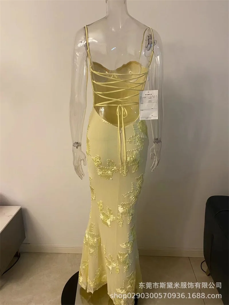 Spaghetti Strap Embroidered Flowers Women Evening Dress Lace Up Deep-V Neck Bandage Gown Yellow Black Backless Party Skirt