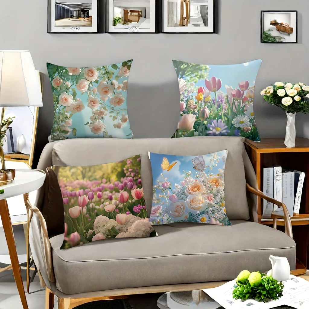 1PC 2D Flat Spring Floral Throw Pillow Covers Pastel Botanical Garden Cushion Cases for Home Decor