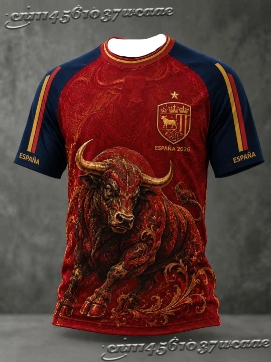 Unisex Spain Fan Soccer Jersey Bull City Building Splash Ink Pattern Background Casual Street Athletic Uniform FamilyMatching - view 6