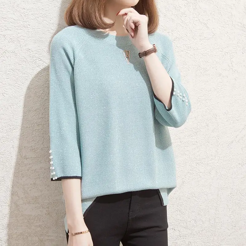 

Spring Autumn 3/4 Sleeve Knitted T-shirt Casual Round Neck Female Clothing Solid Color Spliced Basic Fashion Beading Pullovers