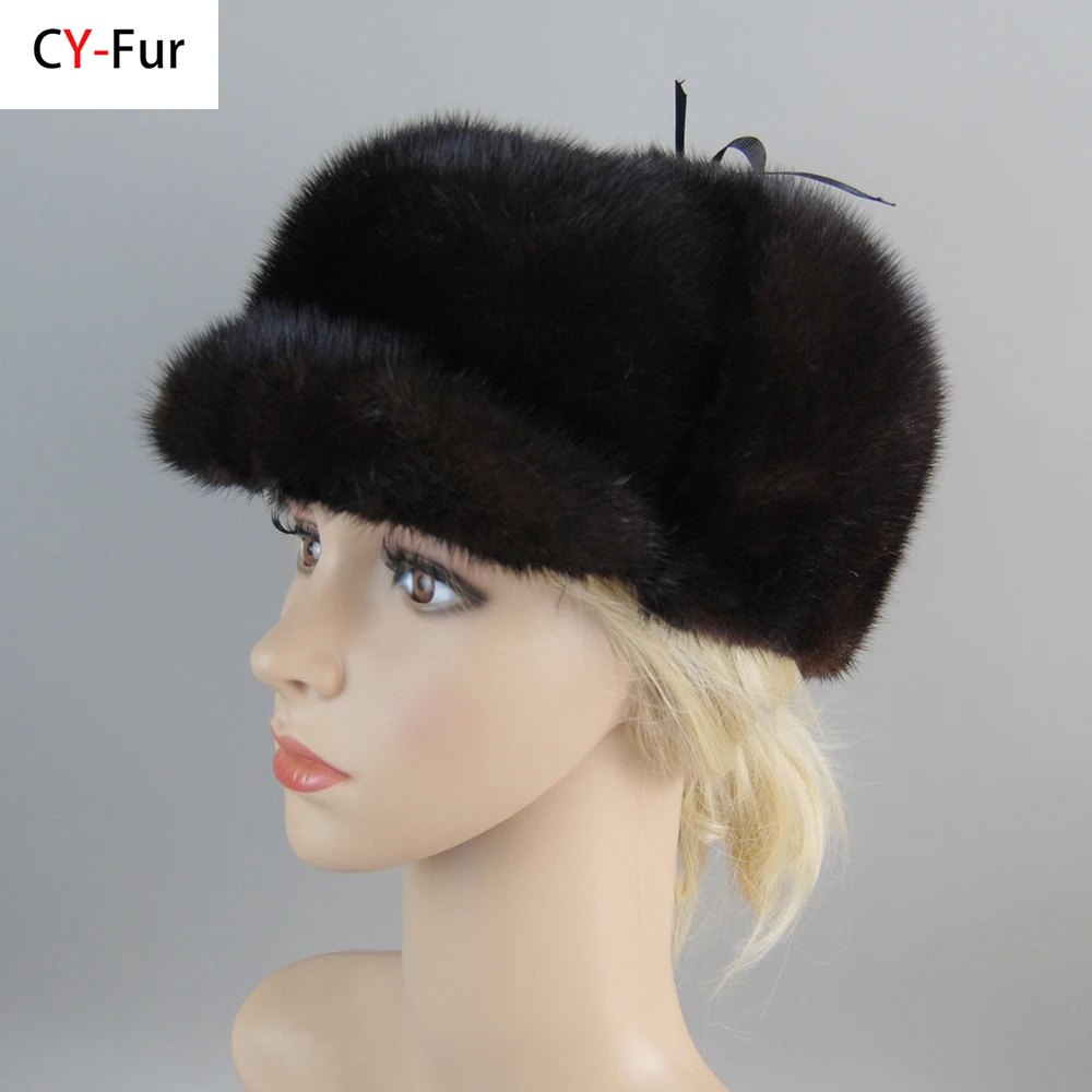 

2024 Luxury Winter Women Top Real Mink Fur Bomber Hat Lady Genuine Marten Head Warm Black/Brown Caps Best Gift For Mother Gorras