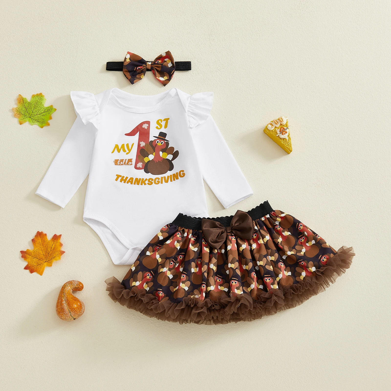 Baby Girl Thanksgiving Outfit Letter Long Sleeve Romper with Turkey Print Mini A Line Skirt and Bow Headband 3Pcs Set