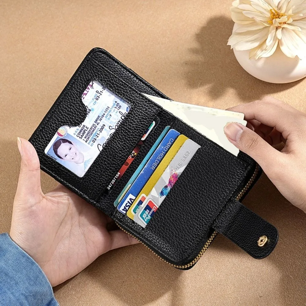 

Ins Elegant Women Short Wallet Lychee Pattern Pu Leather Business Purse Zipper Solid Color Bank/ID/Credit Card Holder Woman