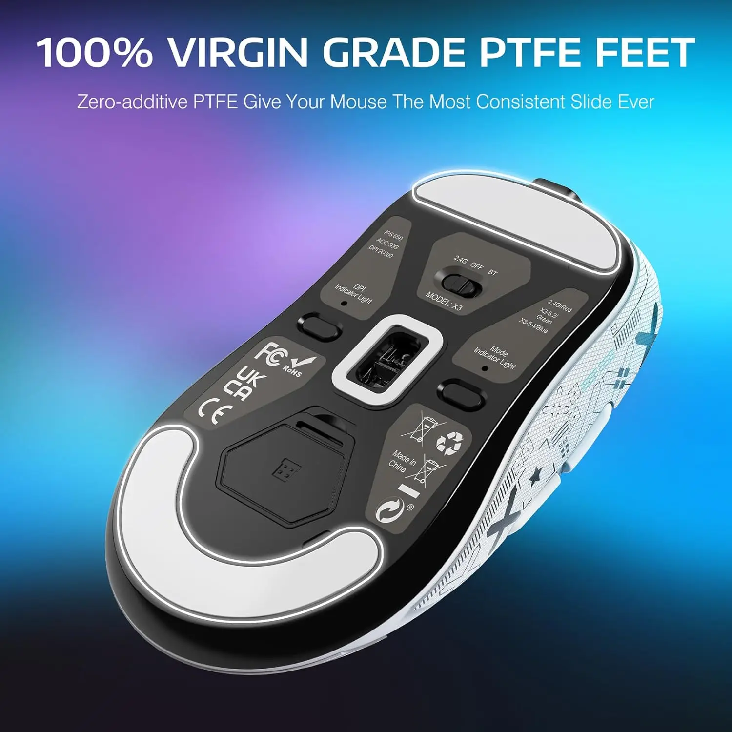 ATTACK SHARK X3 Mouse da gioco wireless leggero, trimodale 49 g, sensore DPI PAW3395 26K, durata della batteria 200 ore, 5 pulsanti programmabili