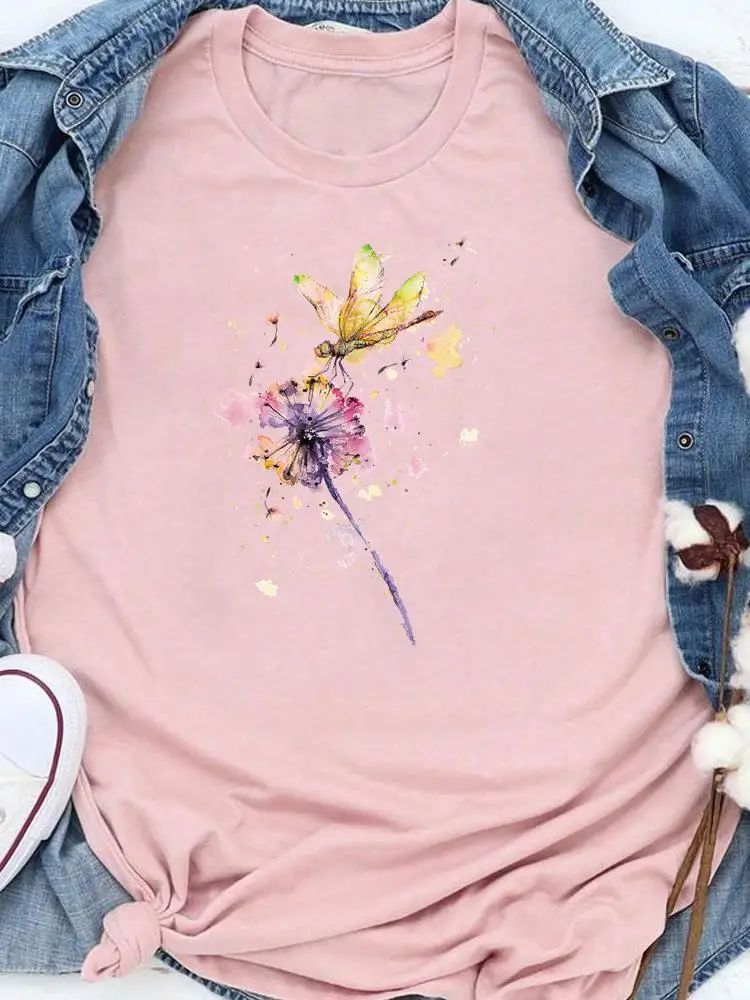 เสื้อยืดการ์ตูนเสื้อฤดูร้อน Tee ผู้หญิง Lady พิมพ์ Dandelion Dragonfly สไตล์น่ารักเสื้อผ้าแฟชั่นลำลองกราฟิก T Top