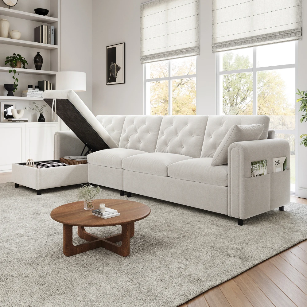 Sofá moderno de terciopelo con espacio de almacenamiento en la zona de esquina, almacenamiento en forma de L en la zona de esquina, ajustable a la izquierda y a la derecha, color beige. (281×86×71 cm)