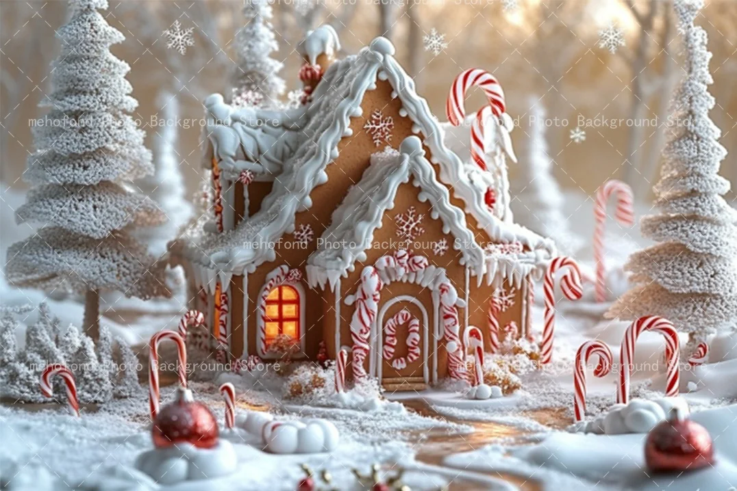 Fondo de fotografía Mehofond casa de jengibre de Navidad bastón de azúcar blanco caramelo rojo niños retrato familiar telón de fondo Decoración