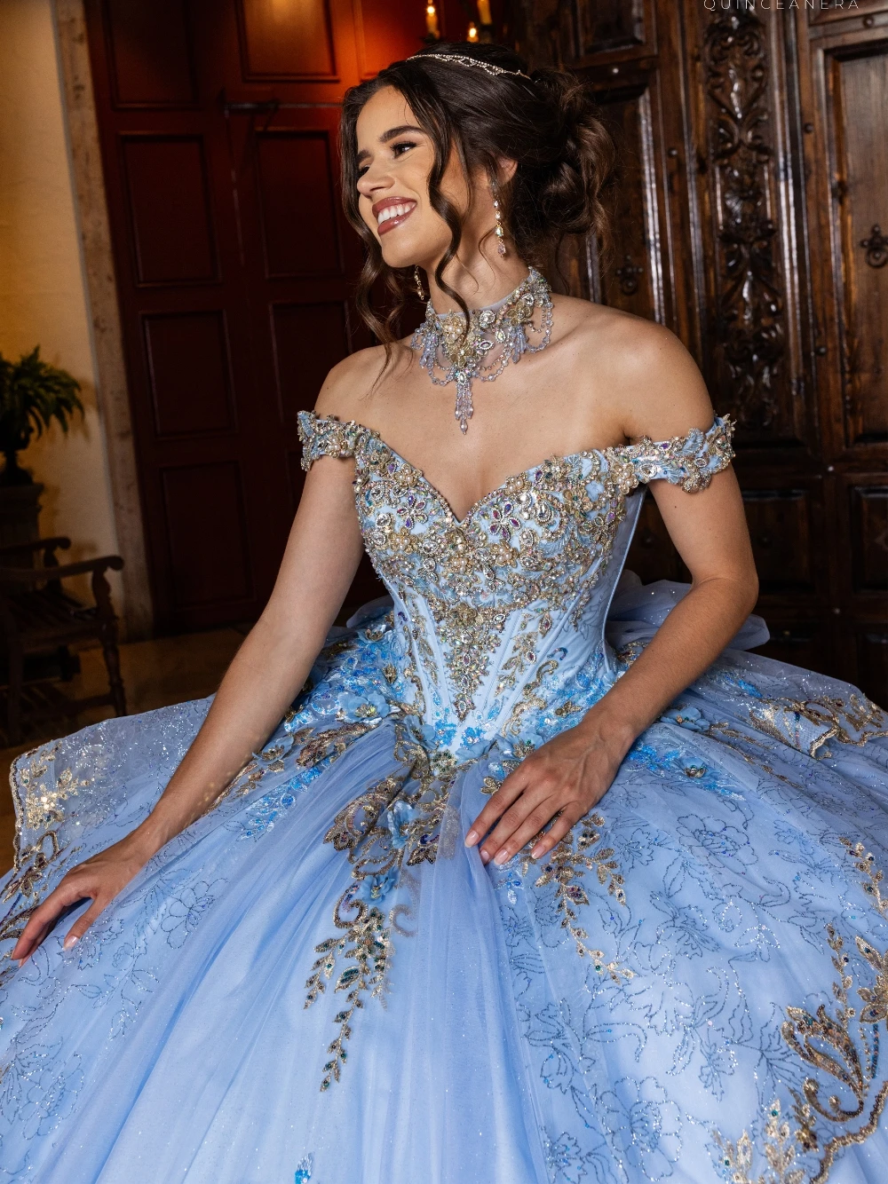 Luxury Light Blue Princess Quinceanera Dress Off Shoulder Beaded Gold Appliques 3D Flowers Corset Tulle Ball Gown Customized