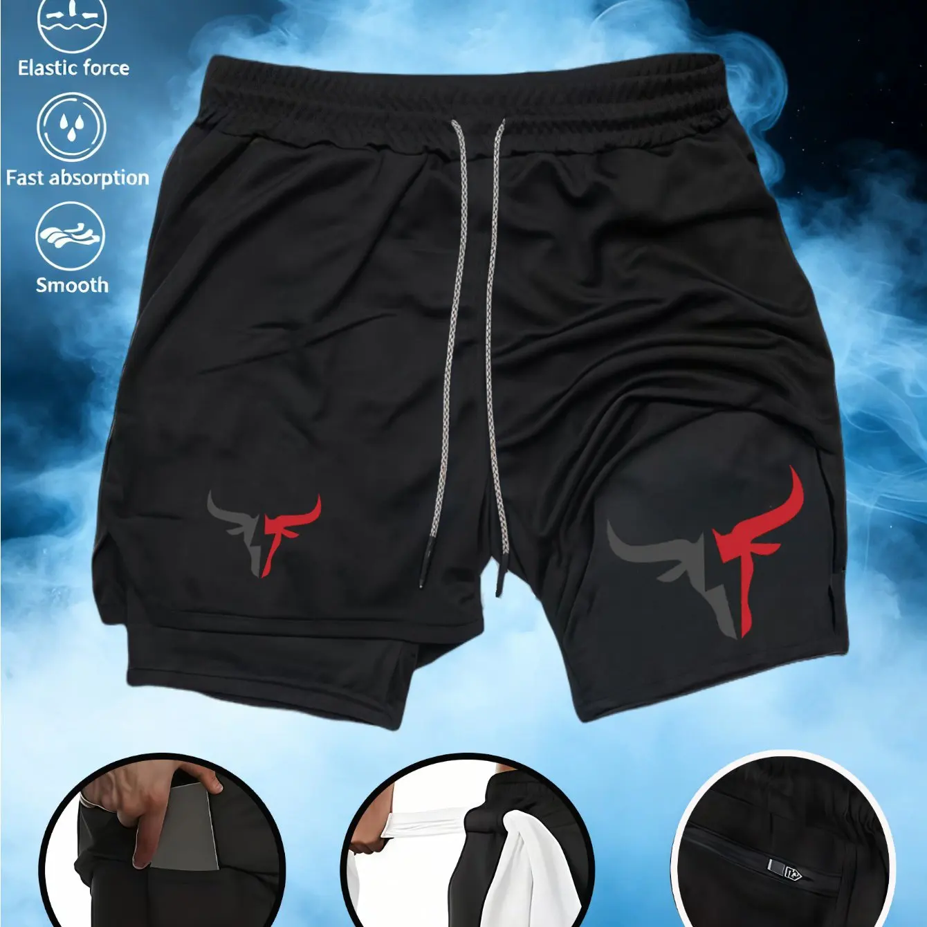

2026 New Men's Double-Layer Sports Shorts - Bull Head Design with Personalized Print, Interior Phone Pocket Towel Hanger Feature