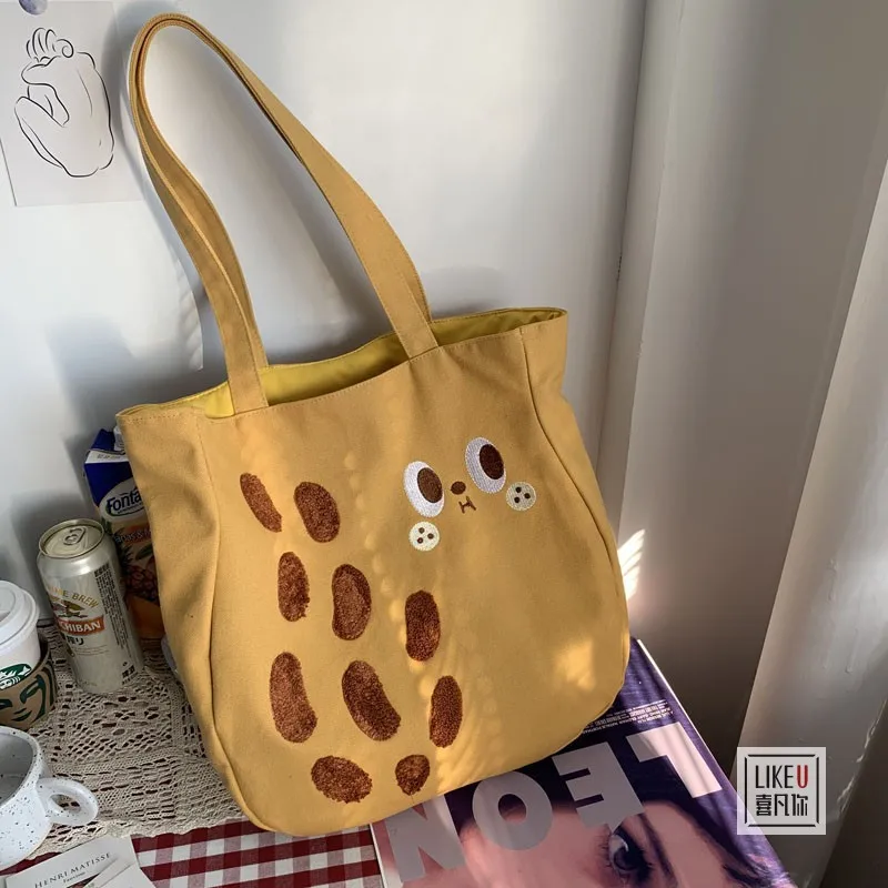 

Женский рюкзак с японской вышивкой, мультяшный, из плотного холста, универсальный, художественный, большой вместимости, на одно плечо, через плечо