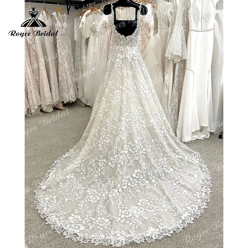 Romantische Spaghettibandjes Vestido Trouwjurk Aangepaste Kant Bloemen Vierkante Kraag Backless Bruidsjurk robe de mariée 2025