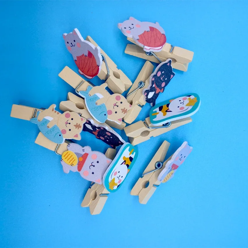 10pcs/lot Decoration Clips Wooden Hemp Rope Clips Mini Wood Clips Lovely Lucky Cat Paper Photo Clip Craft With
