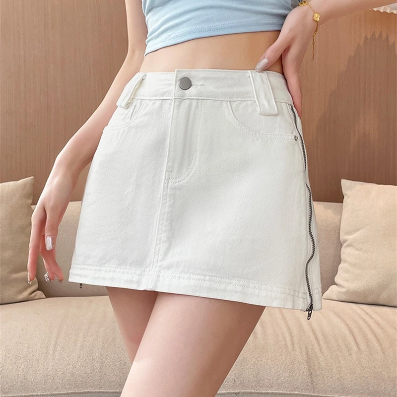 Side Zipper Denim Shorts Skirt Women's Summer Slim Thin 2026 New Loose Fashion Patchwork Button High Waist Three-point Pants