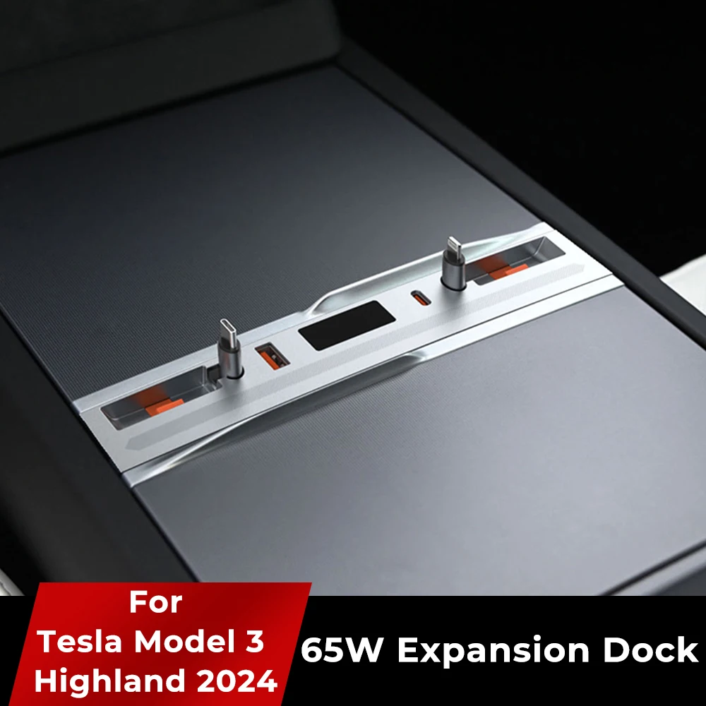 Estação de ancoragem inteligente para Tesla Model 3, carregador rápido, hub de derivação USB, controle central, acessórios divisor, Highland, 65W,