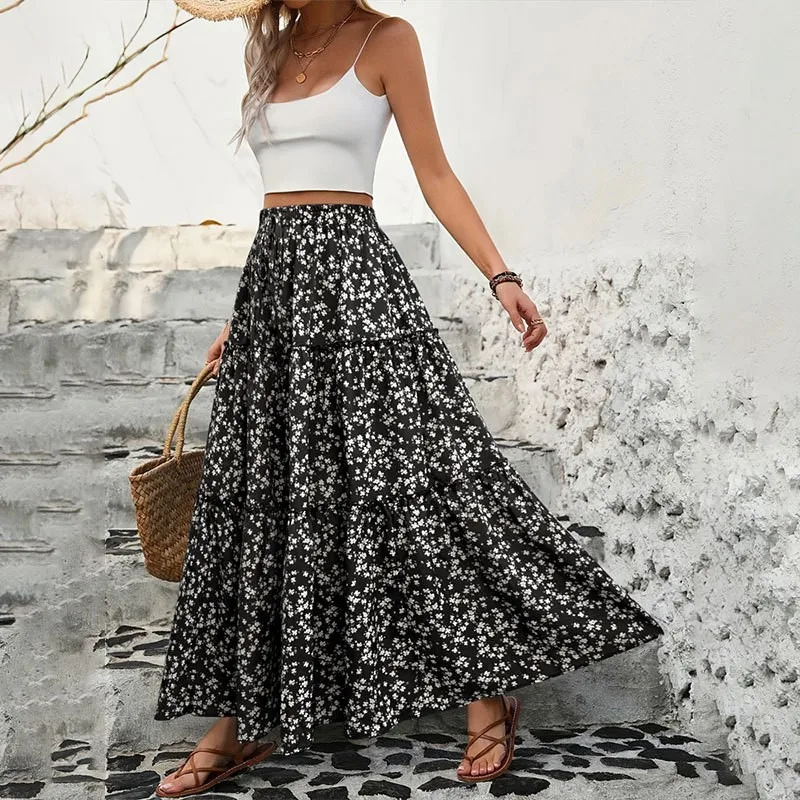 Small Floral Skirt Women's Waistband Elastic Three-layer Splicing Long Skirt A-line Pleated Solid Color Hanging Sensation 2024