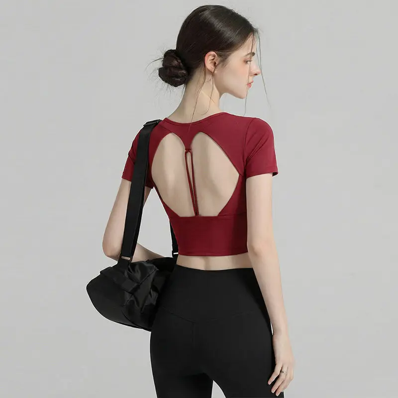 Damen Pilates-Trainings-Fitness-Brustpolster Yoga-Top Schnelltrocknend Atmungsaktiv Sport Kurzarm Hochwertiges Yoga-Shirt – Detail 5