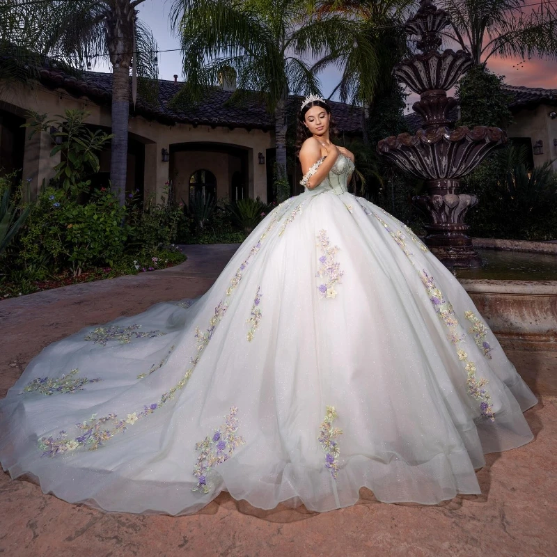 

Light Green Shiny Ball Gown Quinceanera Dresses Off Shoulder Applique Lace Beading Tull Party Birthday Vestido De 15 Anos Quince