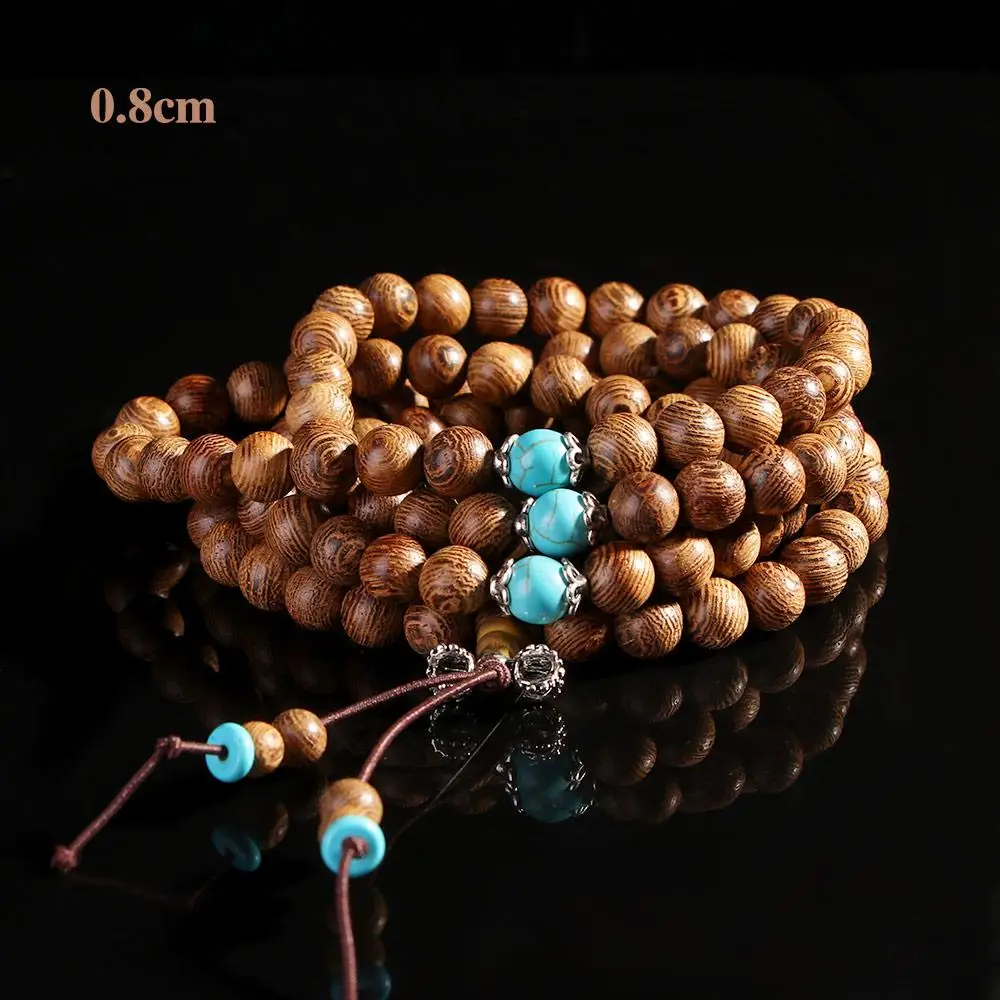 Wood Bangle Mala 108 Beads Rosary Wenge Bracelet Turquoise Buddhist
