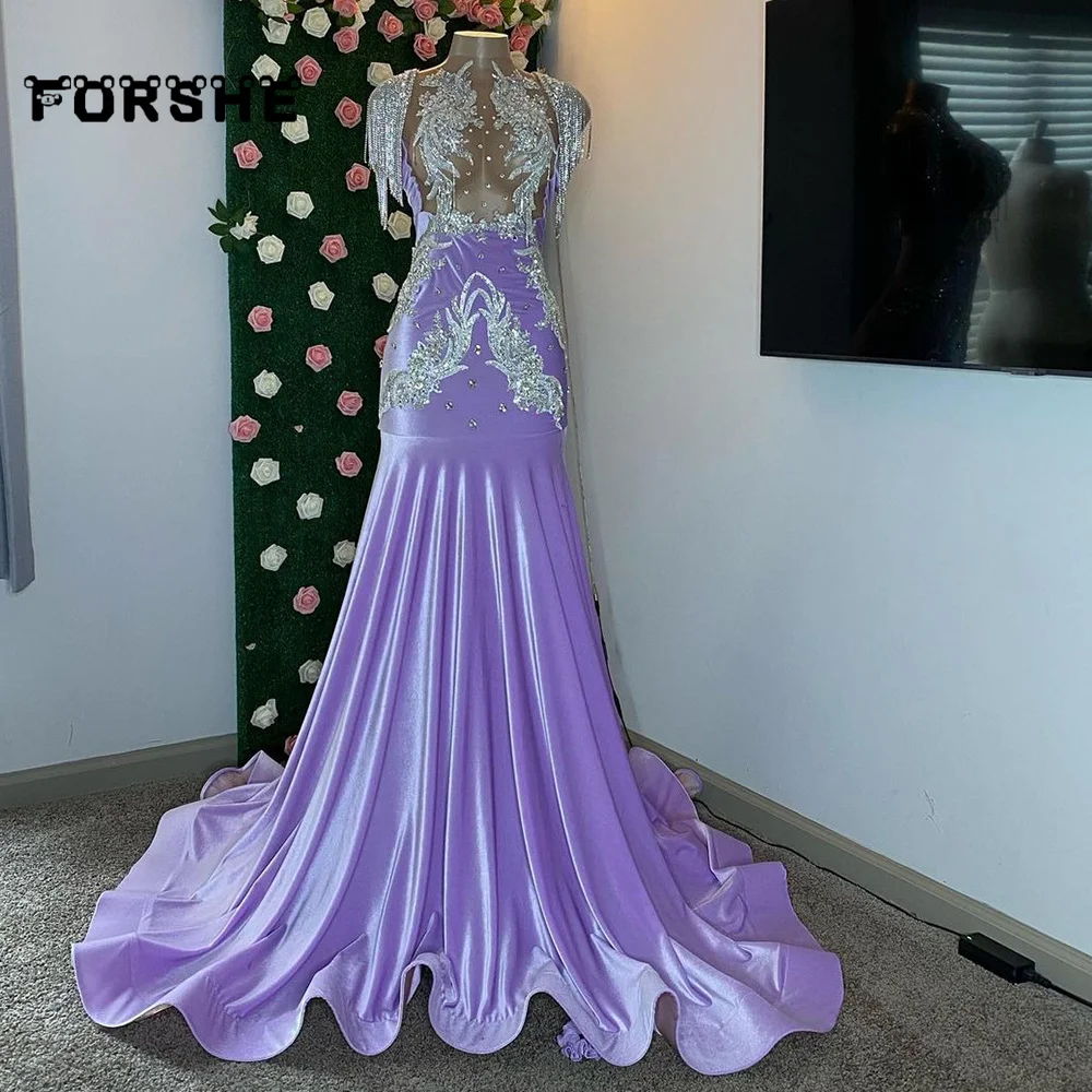 Lavender Prom Dresses For Black Girls Velevt Mermaid Party Gowns Sheer Neck Evening Dress Vestidos De Gala Customized