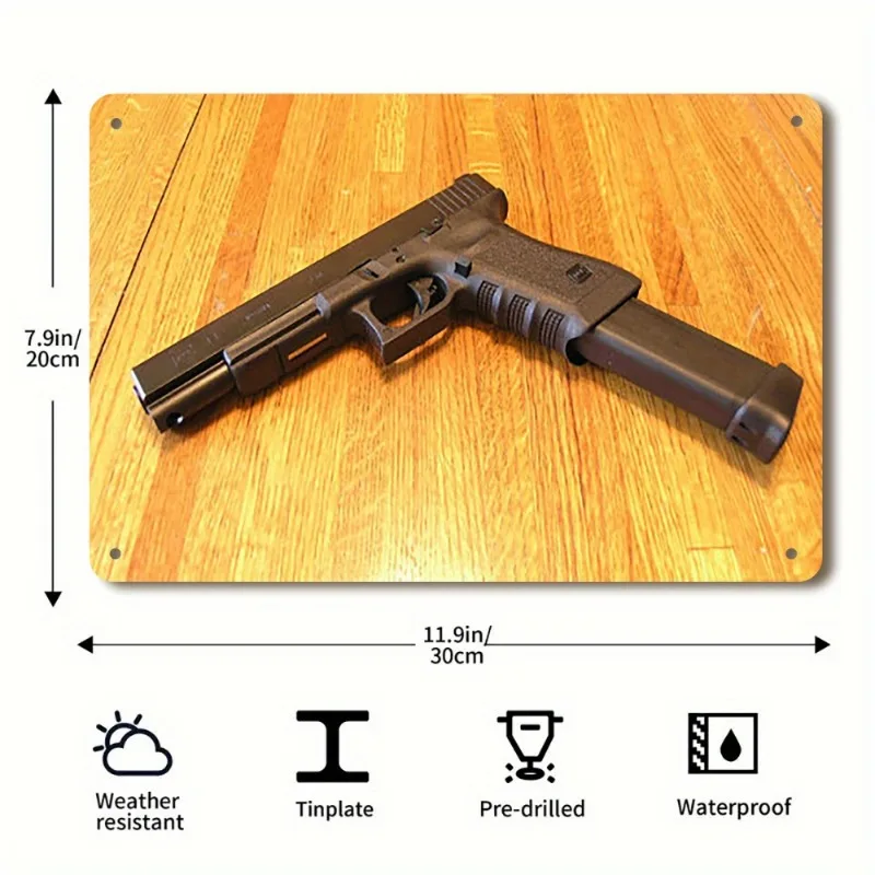 لافتة معدنية لمسدس Glock مقاس 7.87 بوصة × 11.81 بوصة - فن جداري متين للمنزل والمكتب والبار - هدية على الطراز العتيق للاستخدام الداخلي/الخارجي