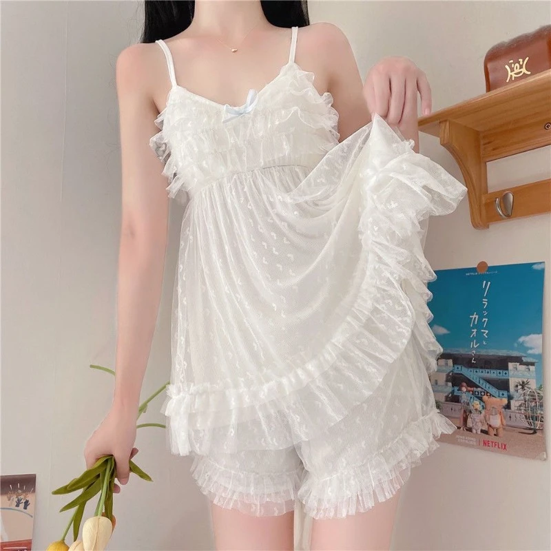 

Girly Japanese Sweet Chest Pad Suspender Pajamas Summer Thin Mesh Princess Style Nightdress Home Set New Short Sleepwear Suit