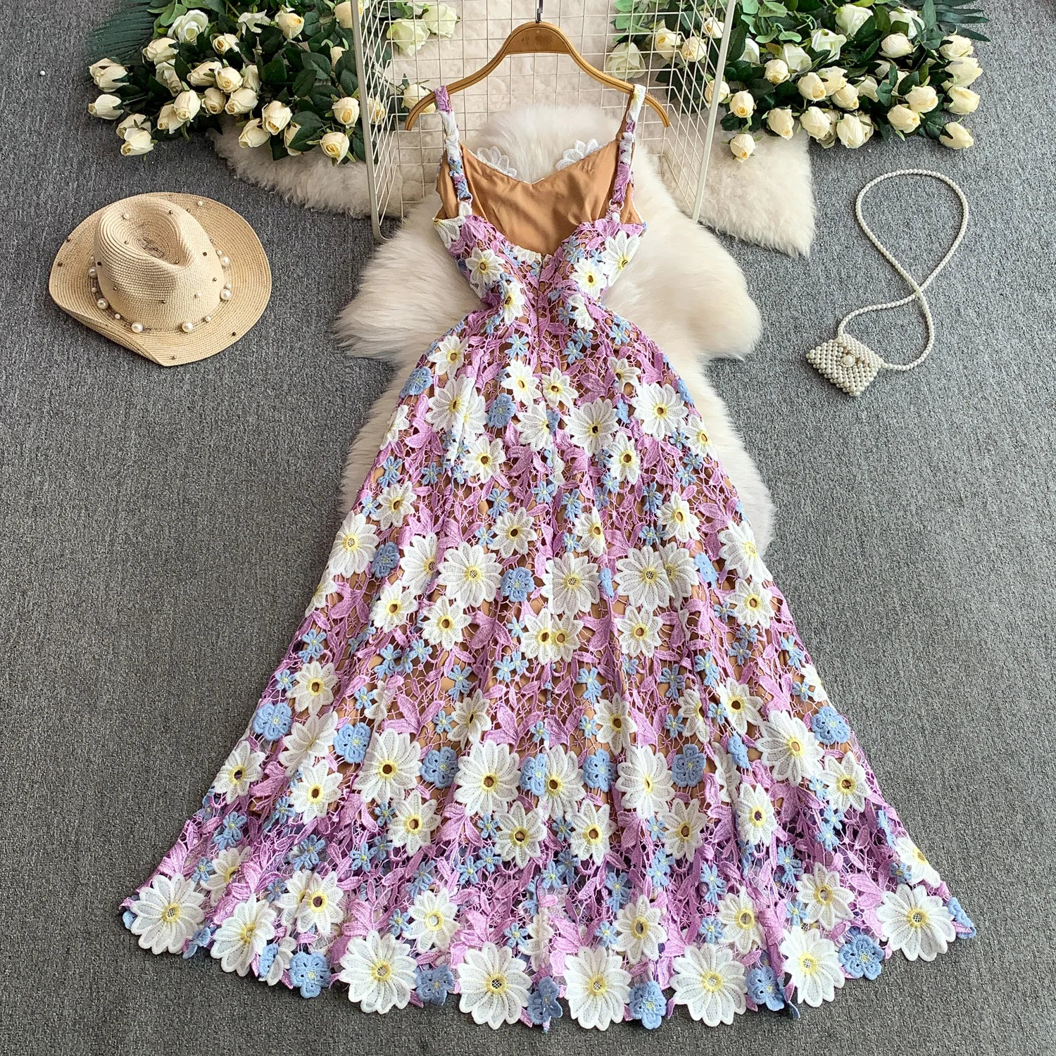 أنيقة خمر الدانتيل الأزهار Ruched الجوف خارج أنيقة الجنية الكورية أزياء بوهو فستان الشمس النساء الملابس فستان طويل