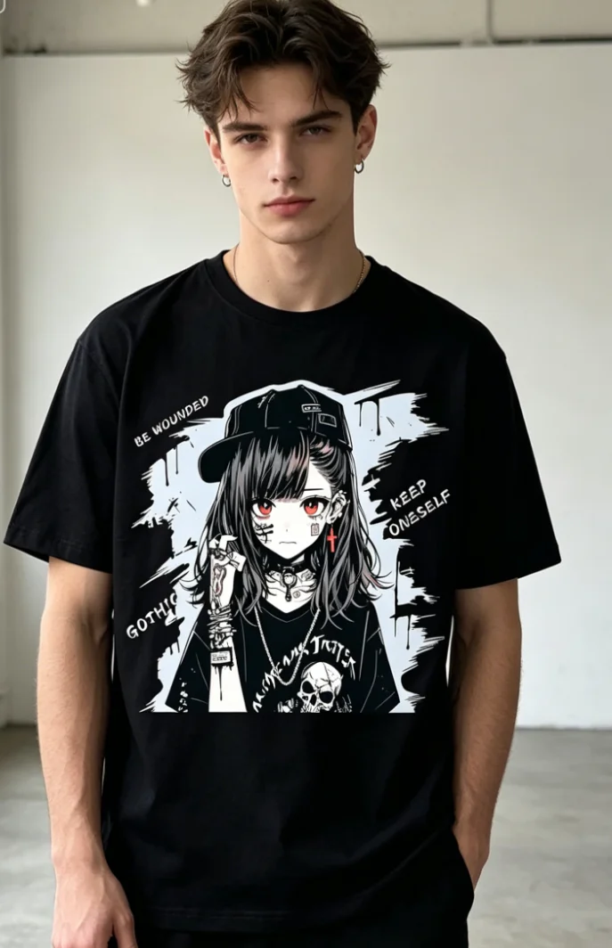 Men T-shirt Punk Anime Printed T-Shirt Neck Short Sleeve T-Shirt Casual Street Style Regular Fit- Black, Anime Clothing T-Shirt