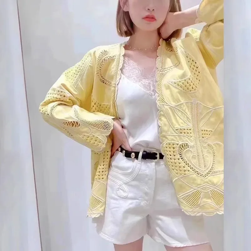 

Women Yellow Jacket Embroidery Hollow Out V-Neck Long Sleeve Lace-up Waist Vintage Coat