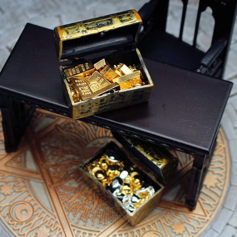 1 conjunto de casa de bonecas 1:12, mini baú de tesouro, barra de ouro, modelo de moeda, casa de boneca, micro cena, decoração, brinquedos de casa de brincar para crianças