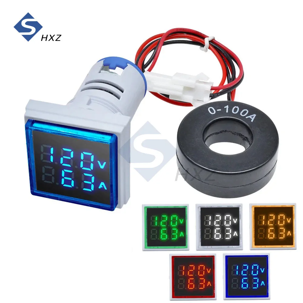 Amperímetro Digital de 22MM 0-100A 60-500V, medidor de corriente/medidores de voltaje, indicador Led, lámpara cuadrada, luz de señal 2 en 1