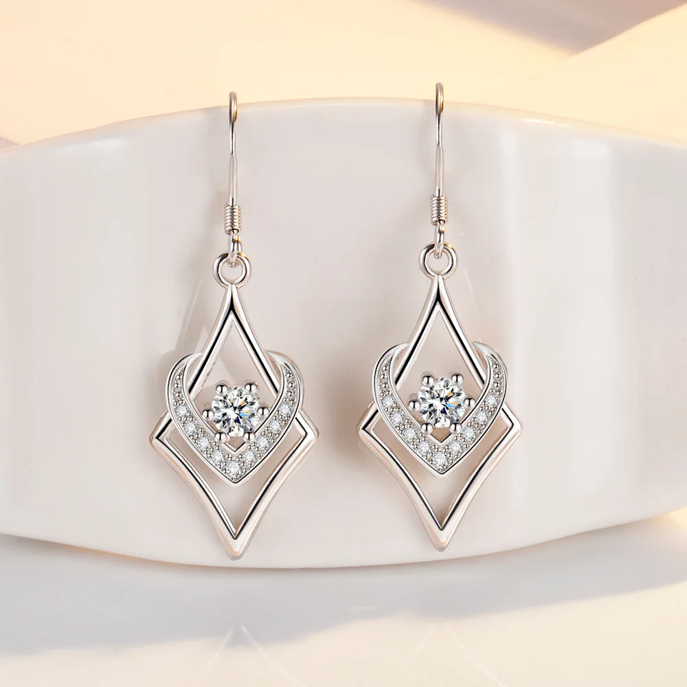 925 Sterling Silver Simple and Generous Fashion Zircon Rhombus Earrings Birthday Party Anniversary Gift Daily Commute