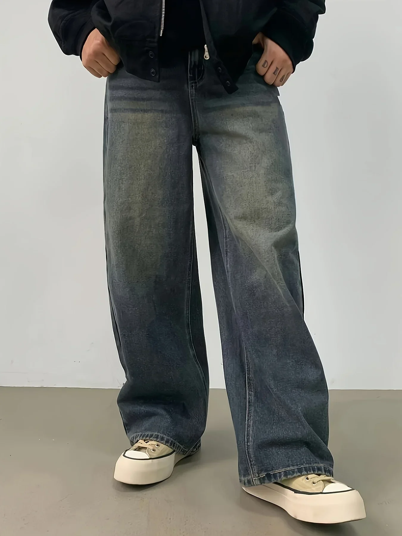

Men's Vintage Wide-Leg Relaxed Fit Jeans - Distressed Washed Denim, Machine Washable, All-Season Casual Comfort