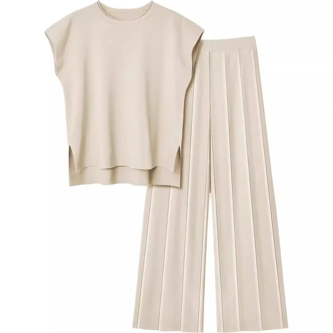 Casual Knitted Two-Piece Set Amazon 2024 European Women's Style Sleeveless Vest Wide Leg Pants NoEnName_Null Mainland China