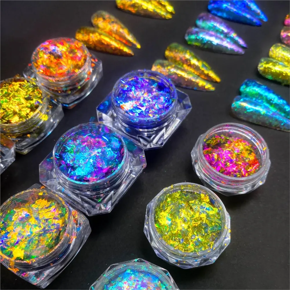 1/4jars Sparkly Irregular Chameleon Nail Flakes Multichrome Holographic Laser Nail Opal Sequins Ultra-Thin Nail Glitter Dust 0.3