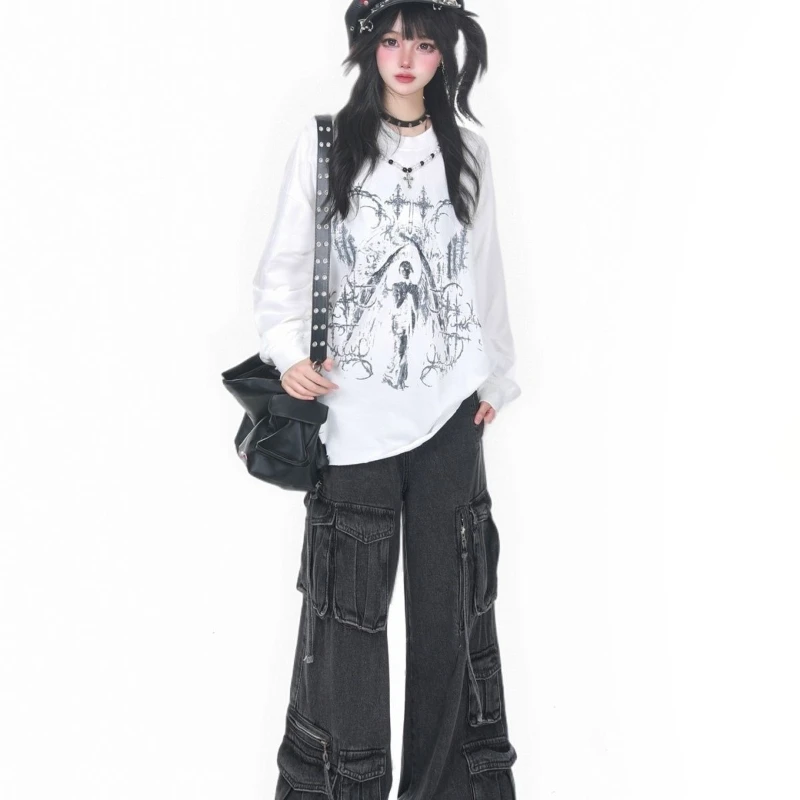 

Y2k Subculture, винтажная футболка с длинным рукавом, женская повседневная футболка с готическим принтом, уличная одежда в стиле панк, американский винтаж, осень 202, осень
