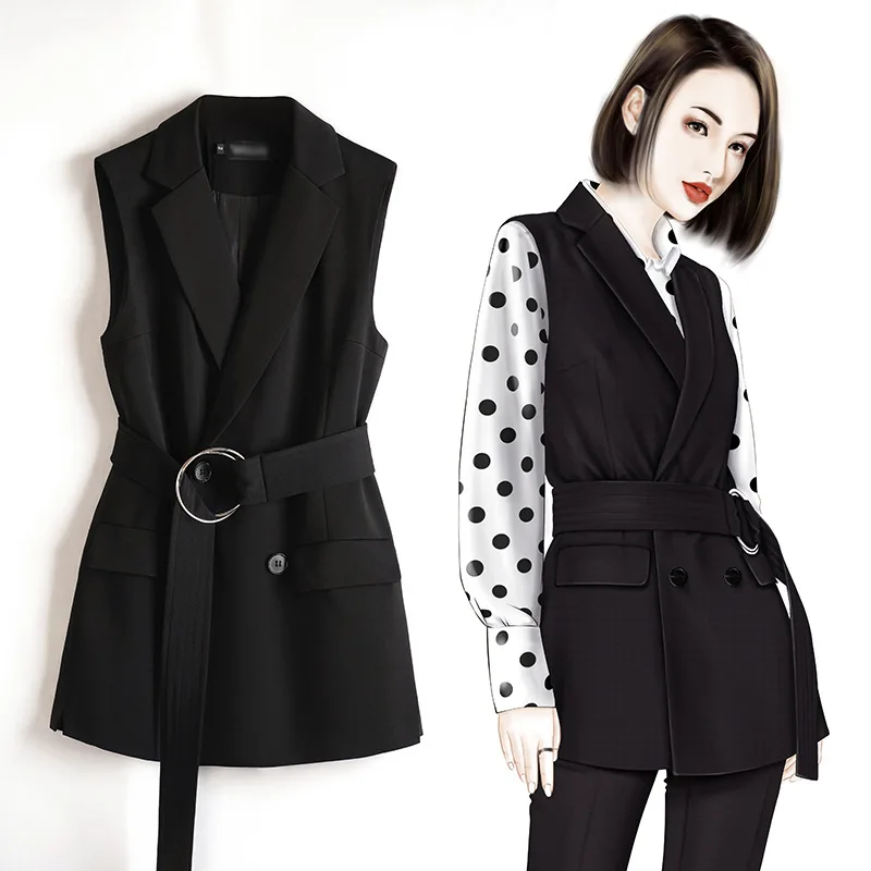 LANMREM Metal Buckle Black Belt Vest For Women Notched Collar Pockets Outerwear Trendy Coats Female 2024 Autumn New 2DA5752