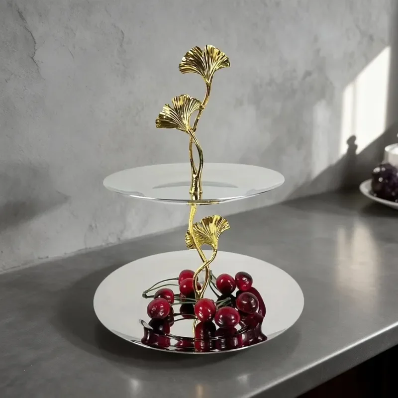 Luxury Stainless Steel Double Layer Round Tray Ginkgo Leaf Design Fruit Snack Plate for Living Room Coffee Table Home Decor