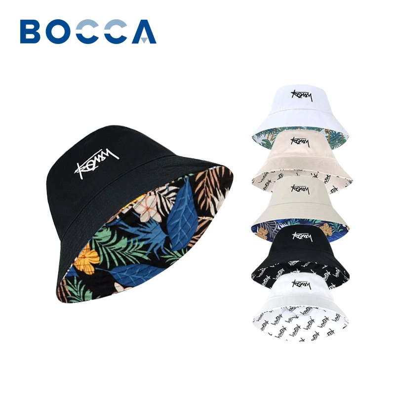 Bocca Big Visor Brim Bucket Hat Reversible Hawaii Hats Double Sides Embroidery Unisex Sun Fisherman Cap Summer Casual Hip Hop