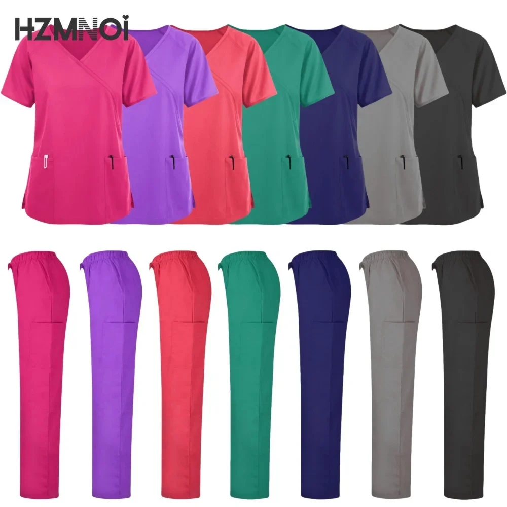 Novo conjunto de esfoliantes uniformes médicos estiramento topos calças retas com bolso uniforme enfermeira cirurgia doce spa salão beleza workwear