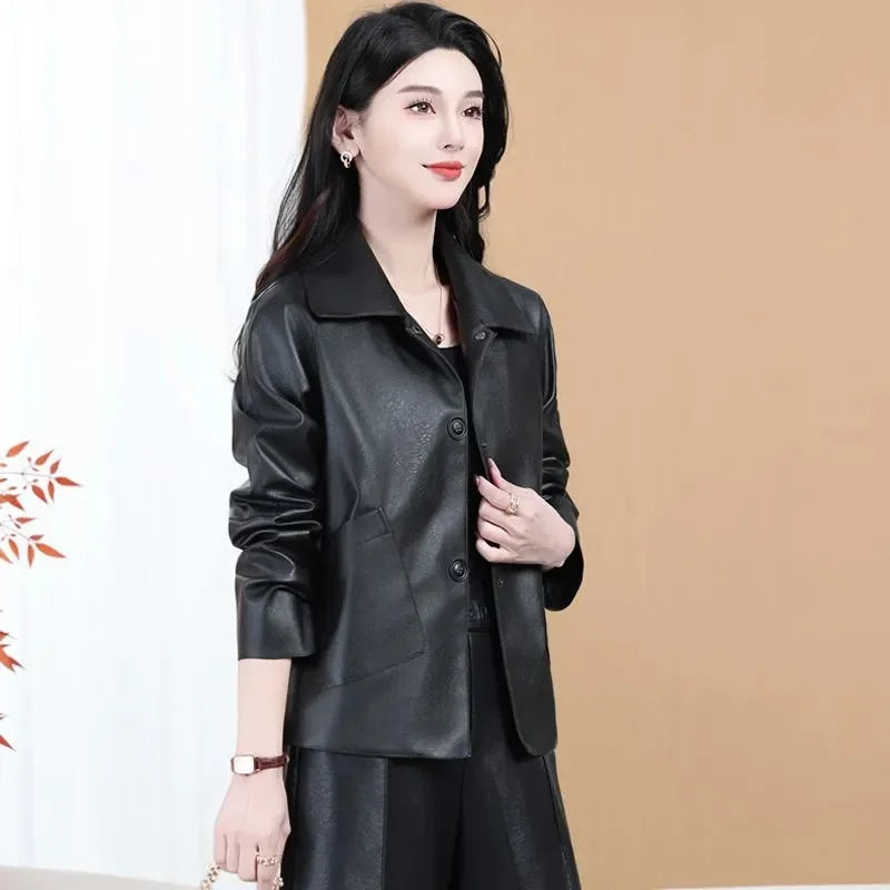 

Women's Jackets New Outerwear Single-breasted Quality Casual Fashion Joker Lapels Thin Buttons PU Ladies Leather Jacket Coat